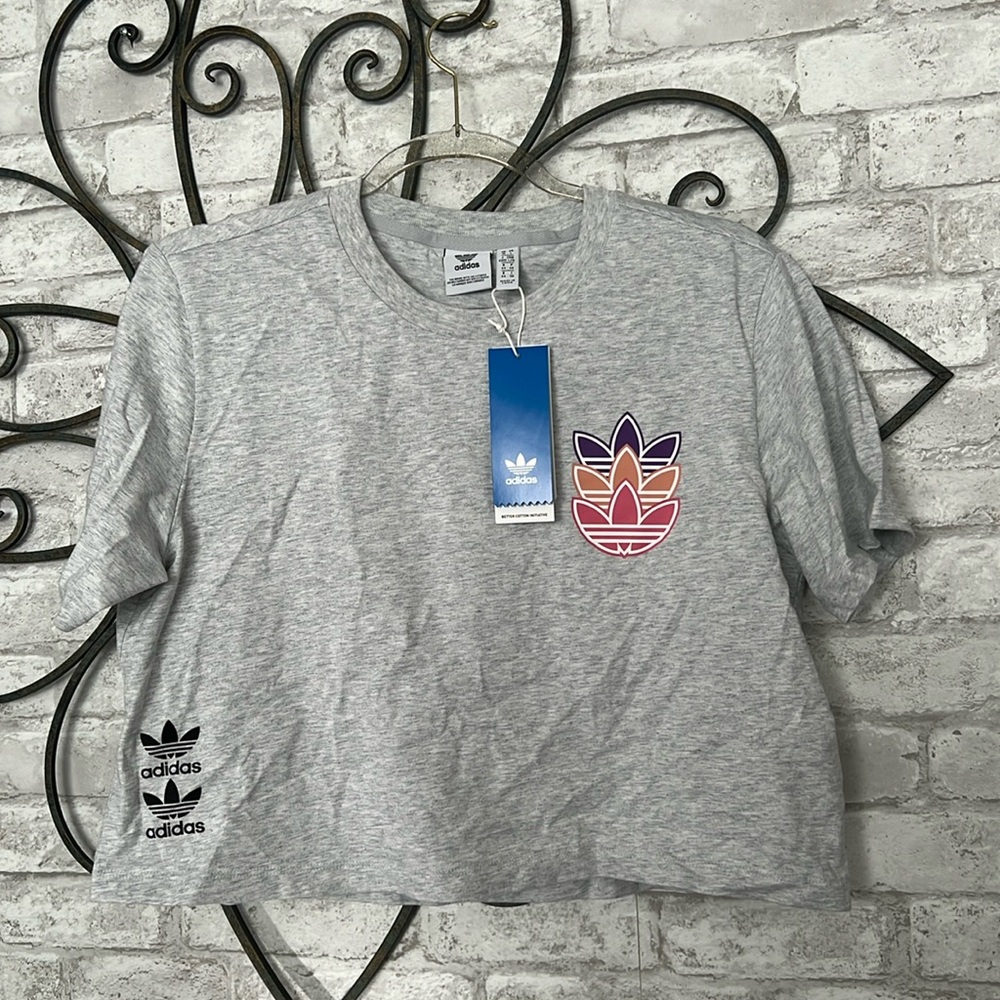 Adidas Originals gray crop top with trefoil logos Large